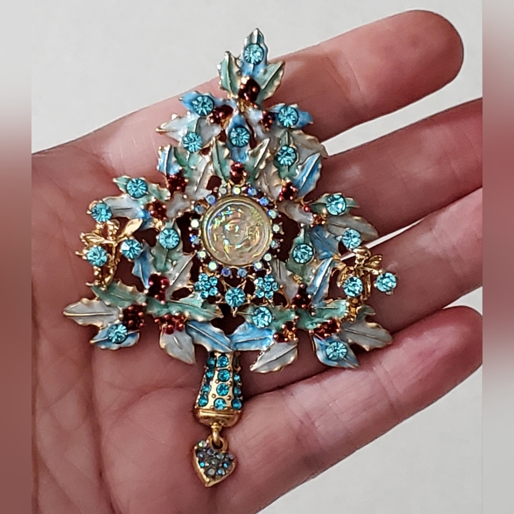 Christmas tree brooch blue AB holly vintage style necklace pendant Unique retro